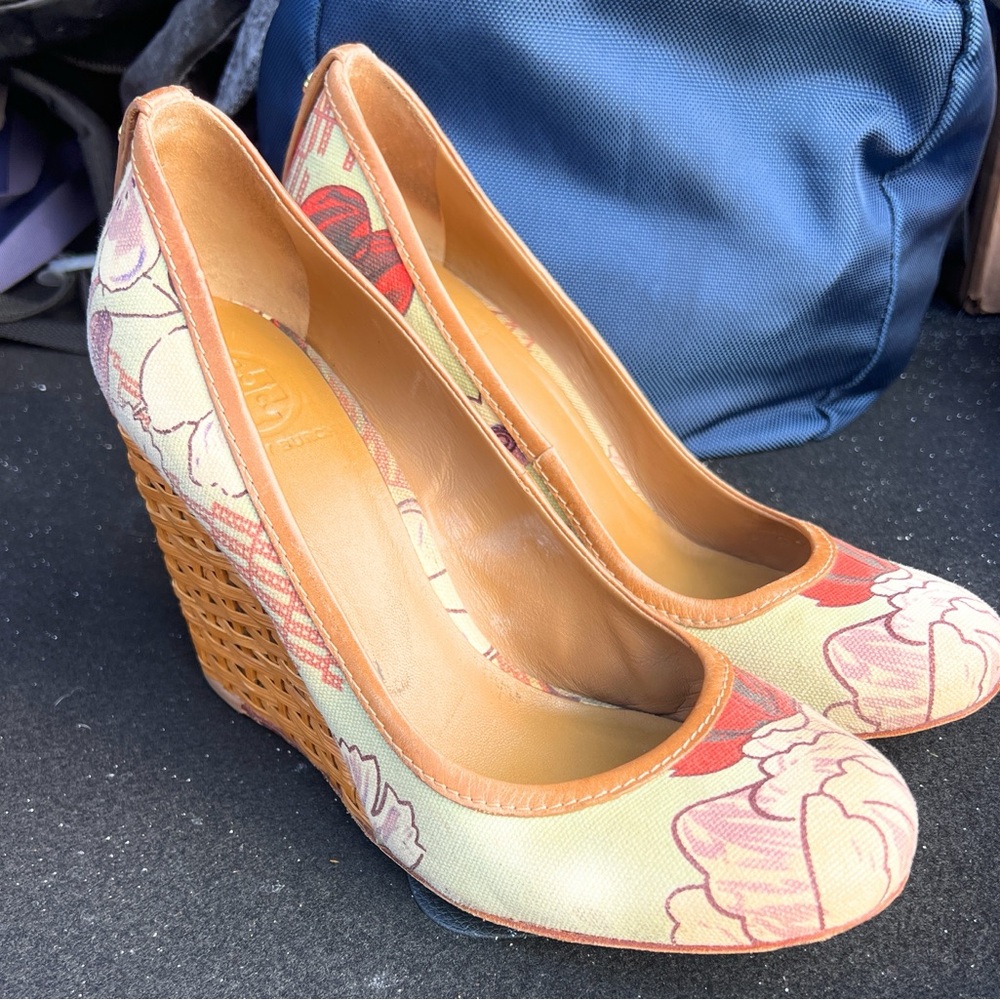 Tory Burch Floral Wedge Platform Heel Peep Toe Shoes Size 10M